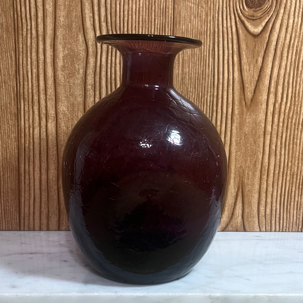 Vintage MCM Blenko Amethyst Pinched Crackle Glass Vase 7.5”